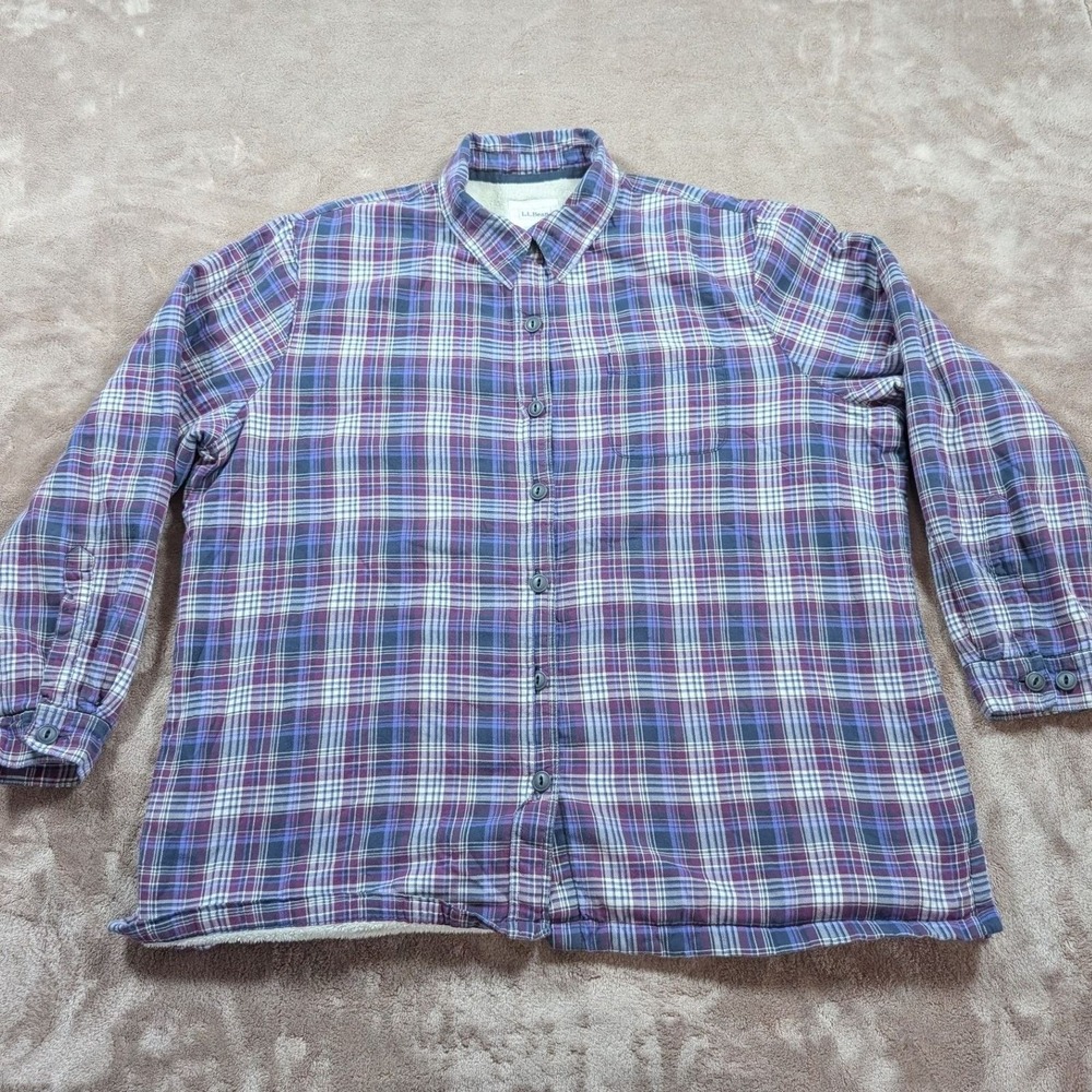 LL Bean Flannel Shirt Jacket Womens Large Purple Plaid Sherpa Lined Button Front